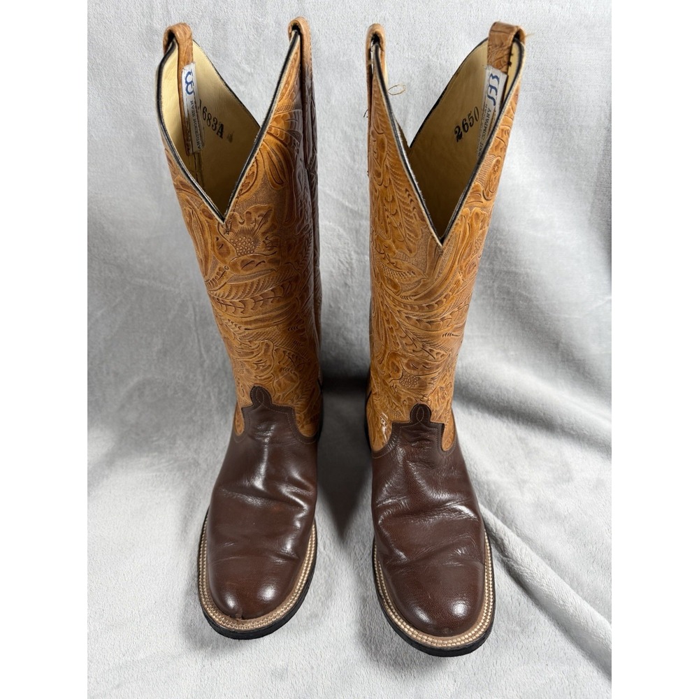 Anderson Bean Brown Leather Cowboy Boots Tooled Tan Leather Lady Size 7 Vintage